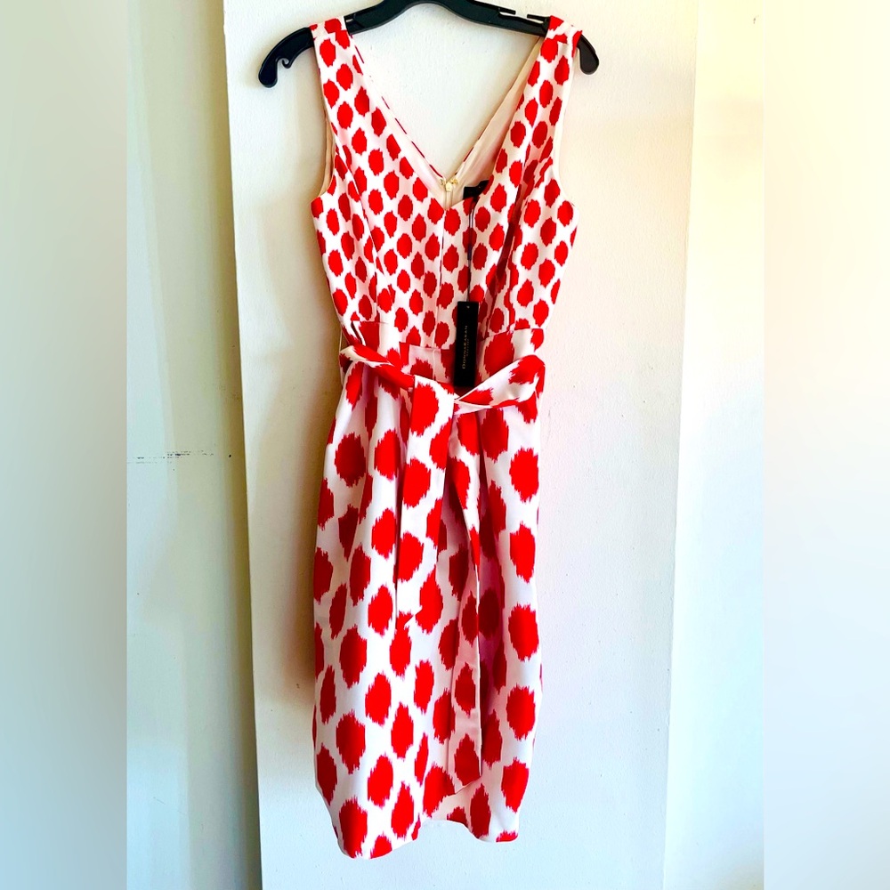 Donna Karan Red and White V-Neck Midi Dress